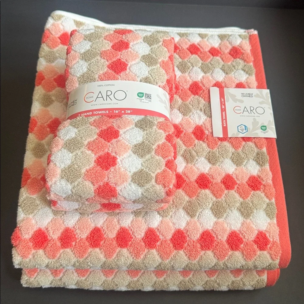 4pc CARO HOME 100% Cotton Geometric Pattern Bath Towel Set - Highly Absorbent